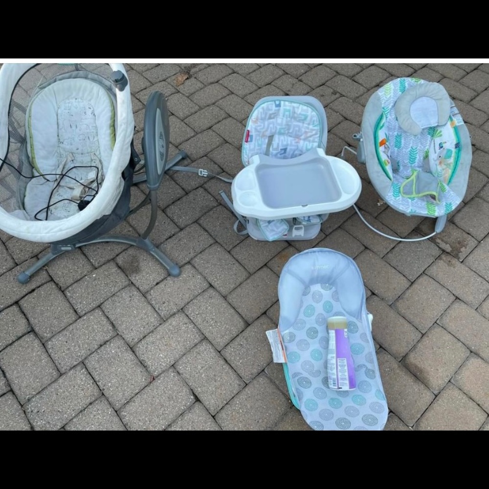 graco baby swing, baby bath chair, high chair, and baby feeding chair.